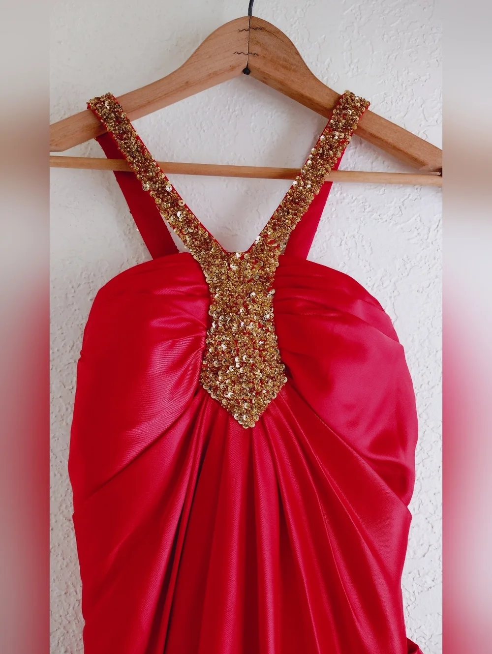 Red Satin Evening Dress with Gold Beaded Straps